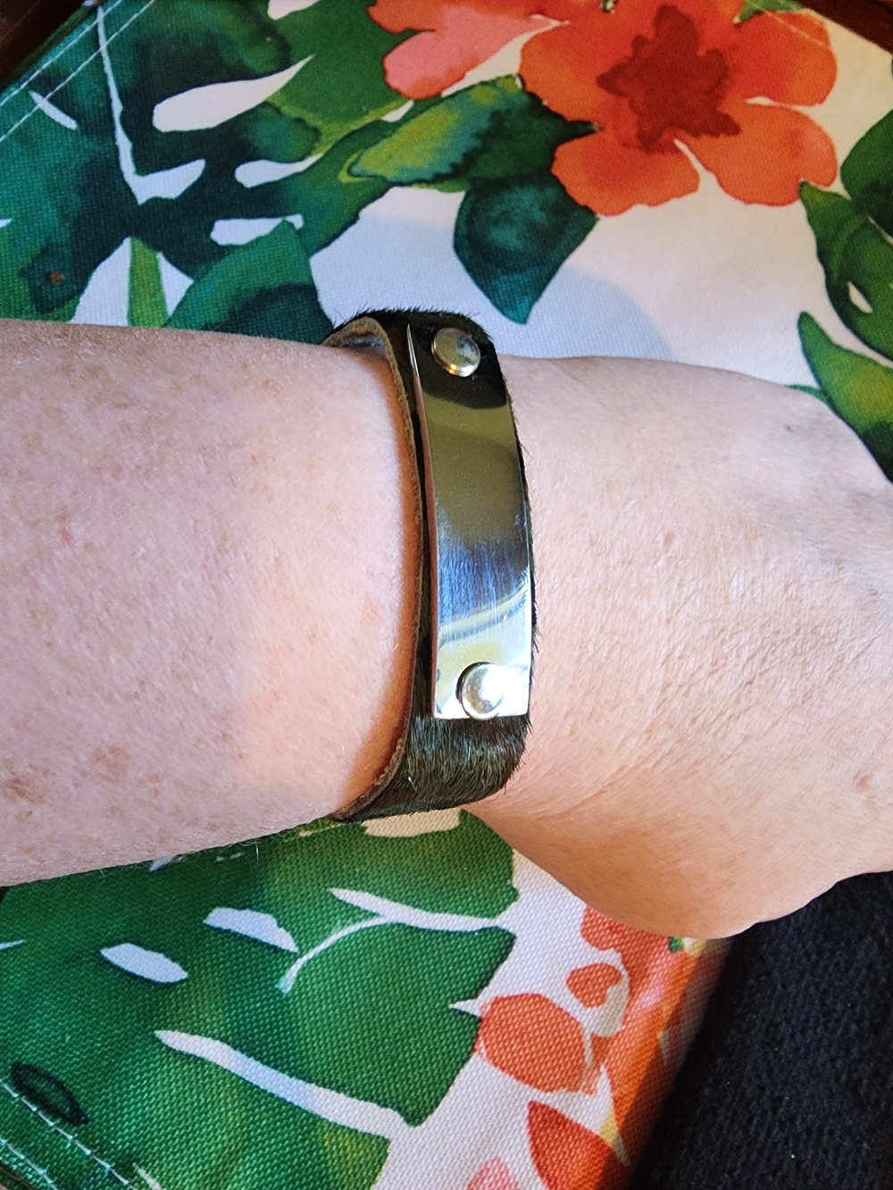Plunder Leather Camo Print Hair-On Hide Snap Bracelet with Engraveable Plate